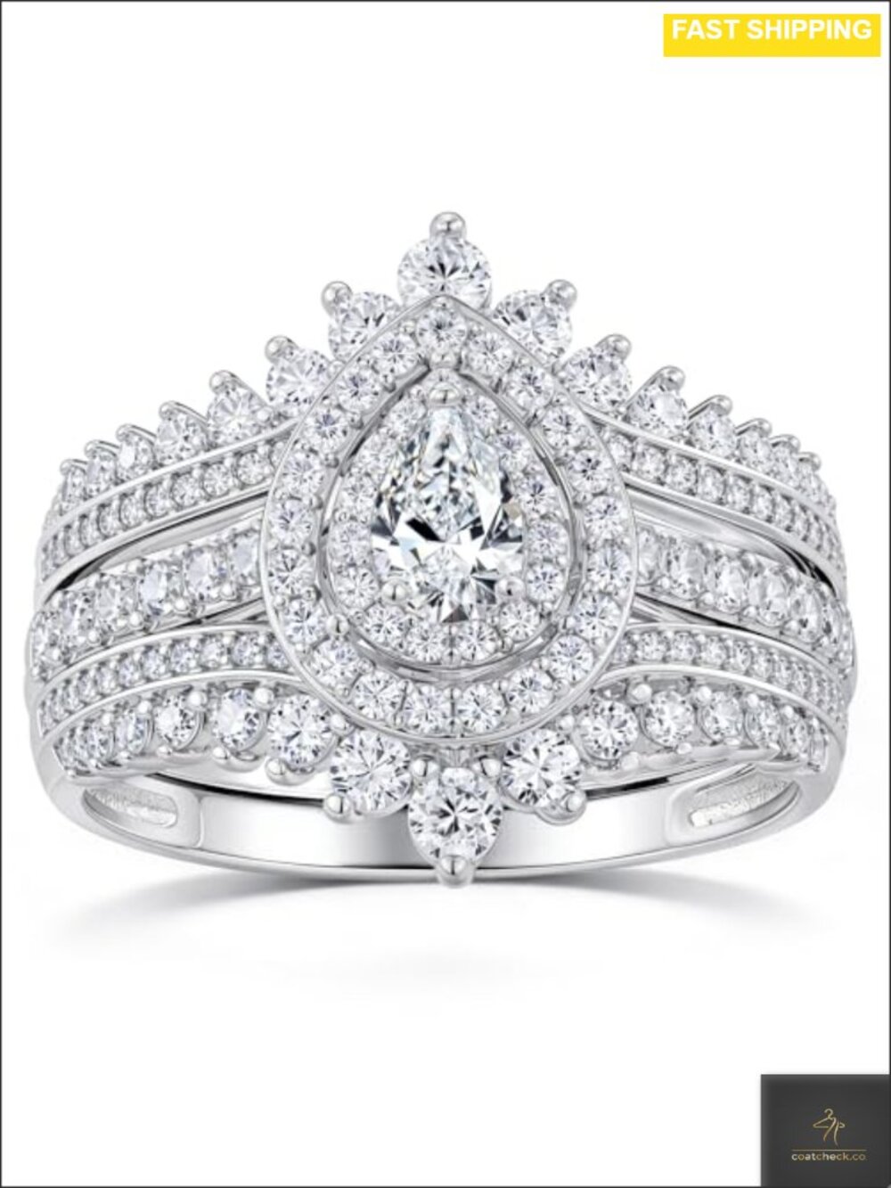 Moissanite Wedding Ring Set Teardrop Engagement Rings Rhodium Plated